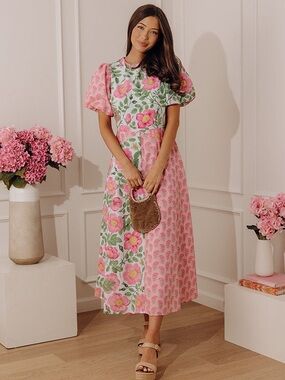 TCEC GARDEN PARTY MOMENT FLORAL MIDI DRESS  Pink Floral Patchwork Dress